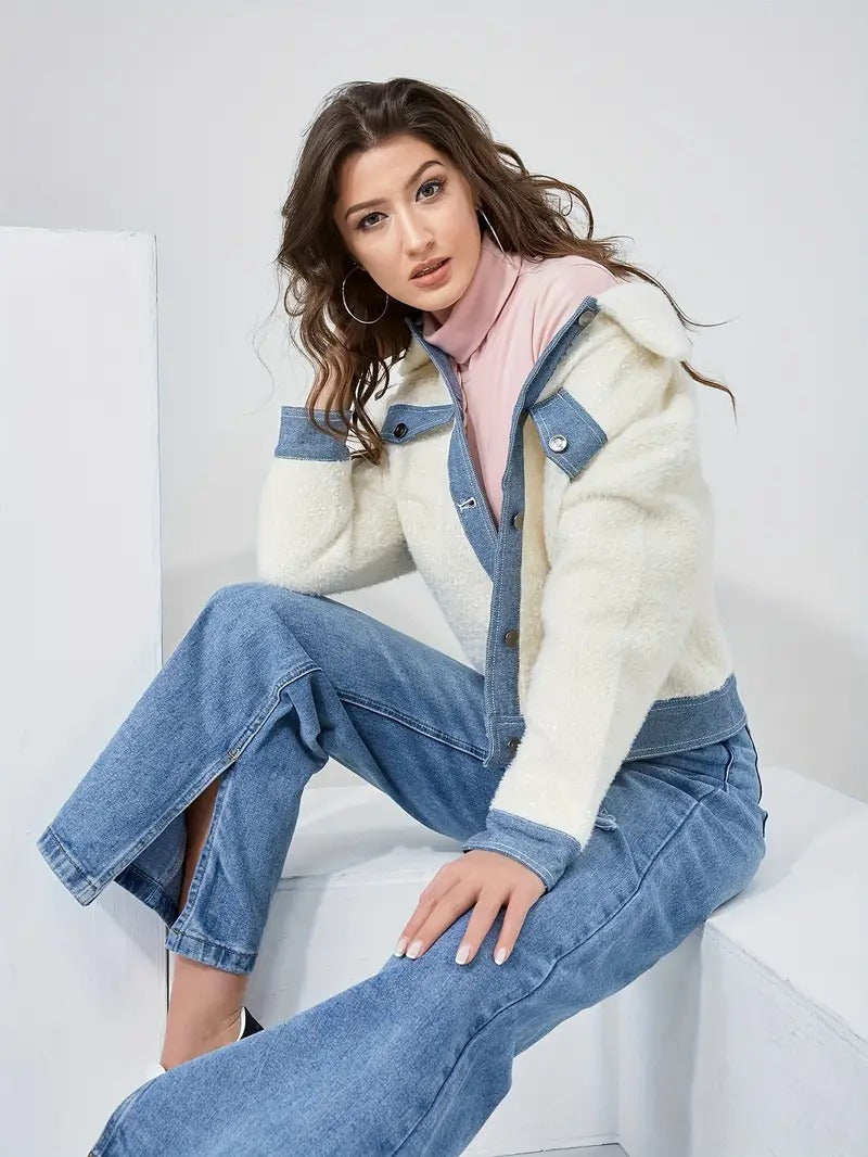 Damen Winterjacke mit Klappen-Element und Patchwork