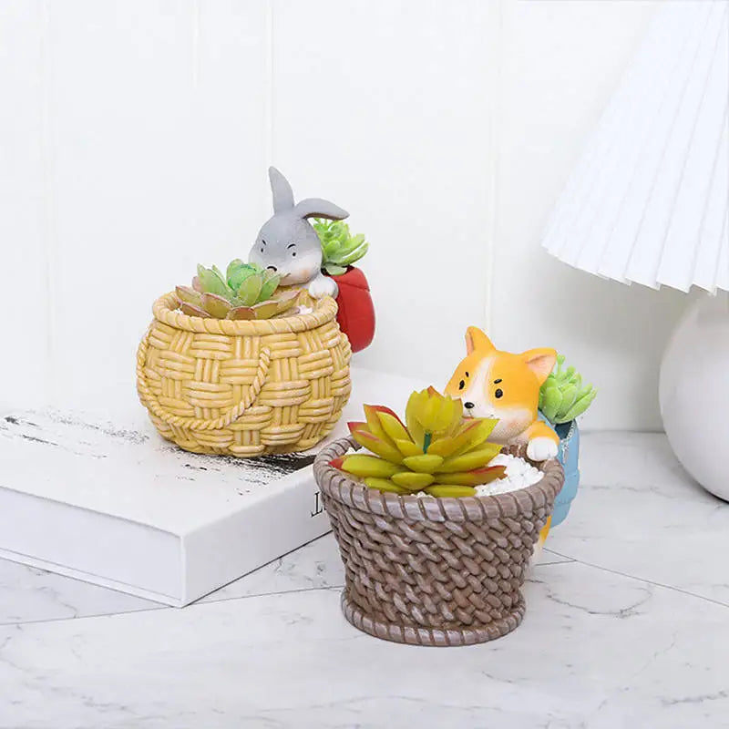 Rustikaler Blumentopf mit Corgi- und Kaninchen-Design für Sukkulenten und Pflanzen-4