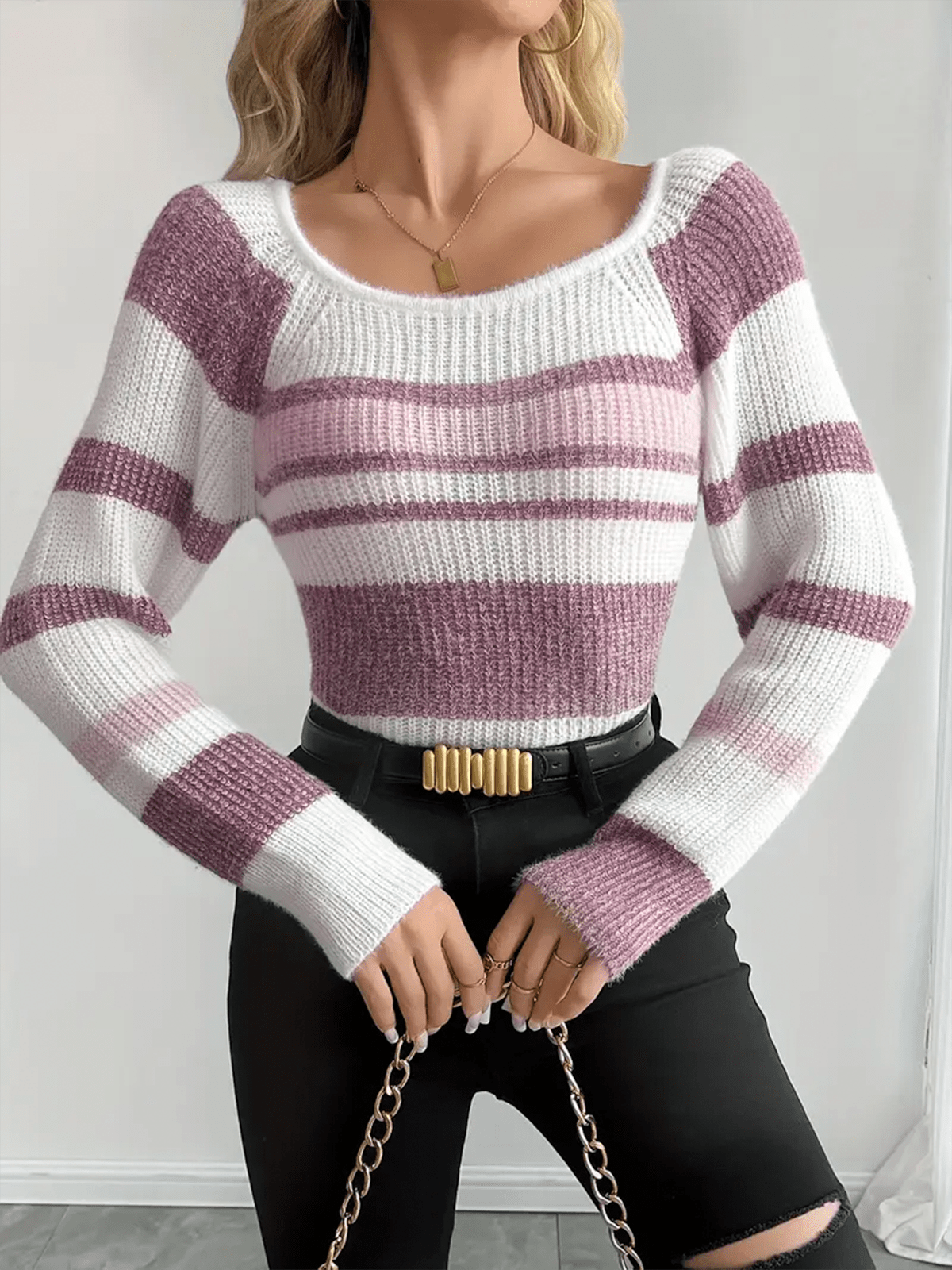 Damen Strickpullover mit Streifenmuster und figurbetonter Form