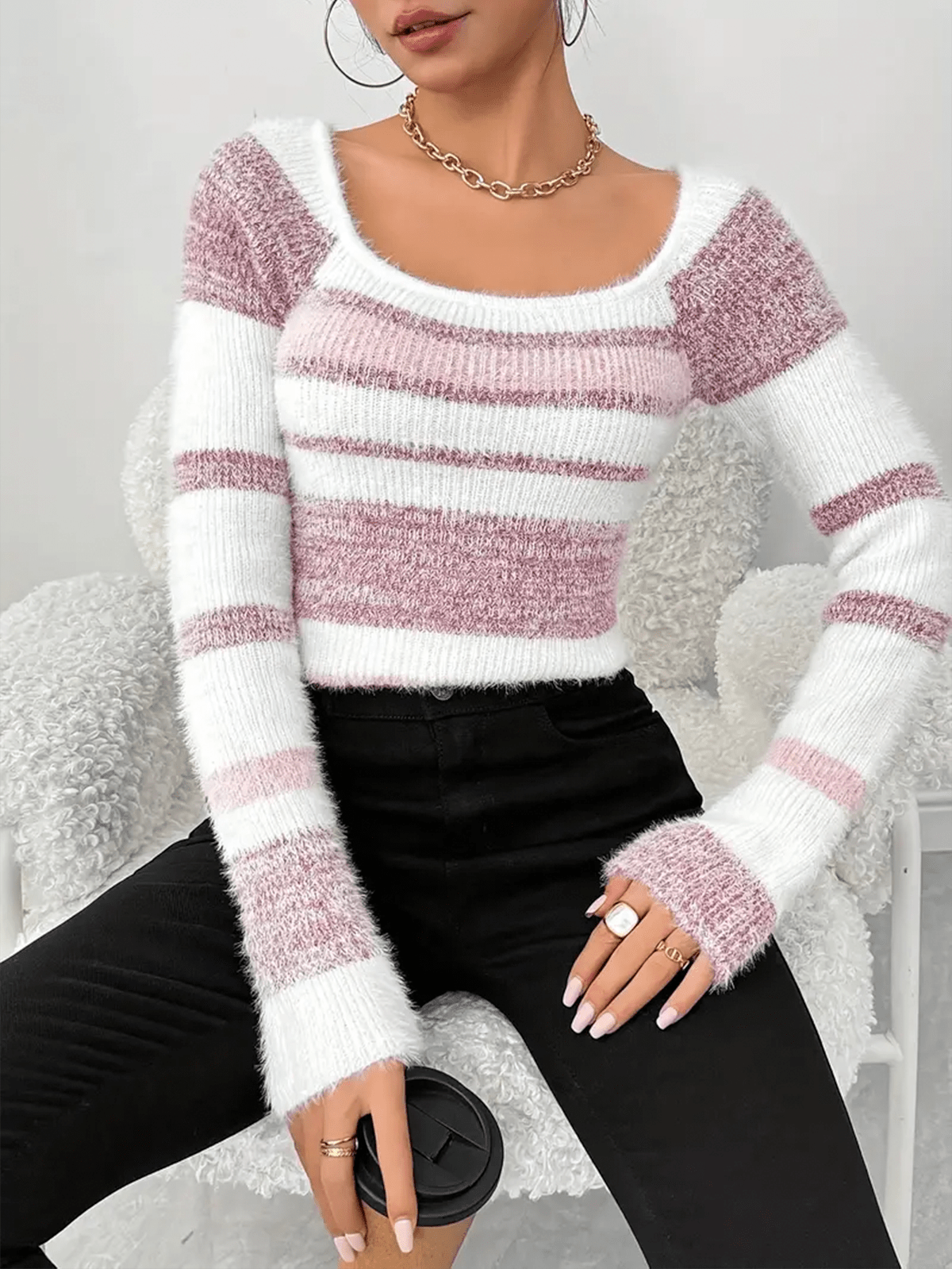 Damen Strickpullover mit Streifenmuster und figurbetonter Form
