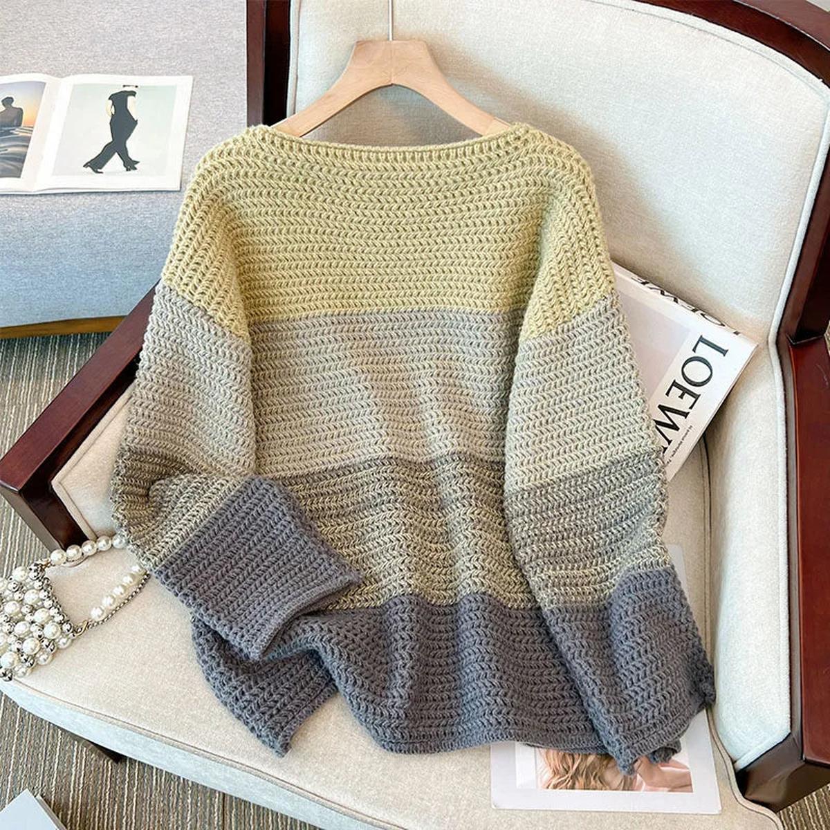 Übergroßer Damen Strickpullover mit Patchwork Farbmuster