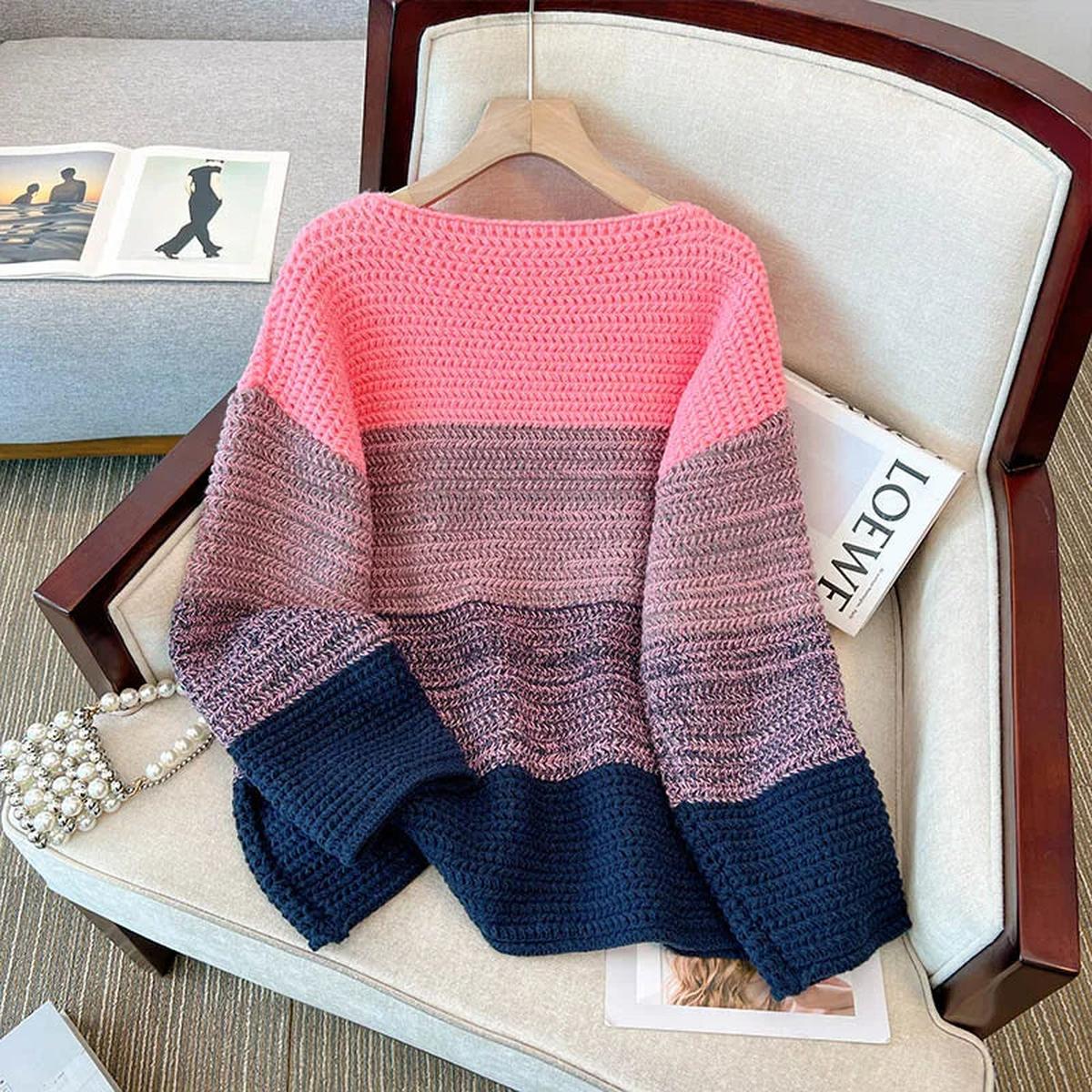 Übergroßer Damen Strickpullover mit Patchwork Farbmuster