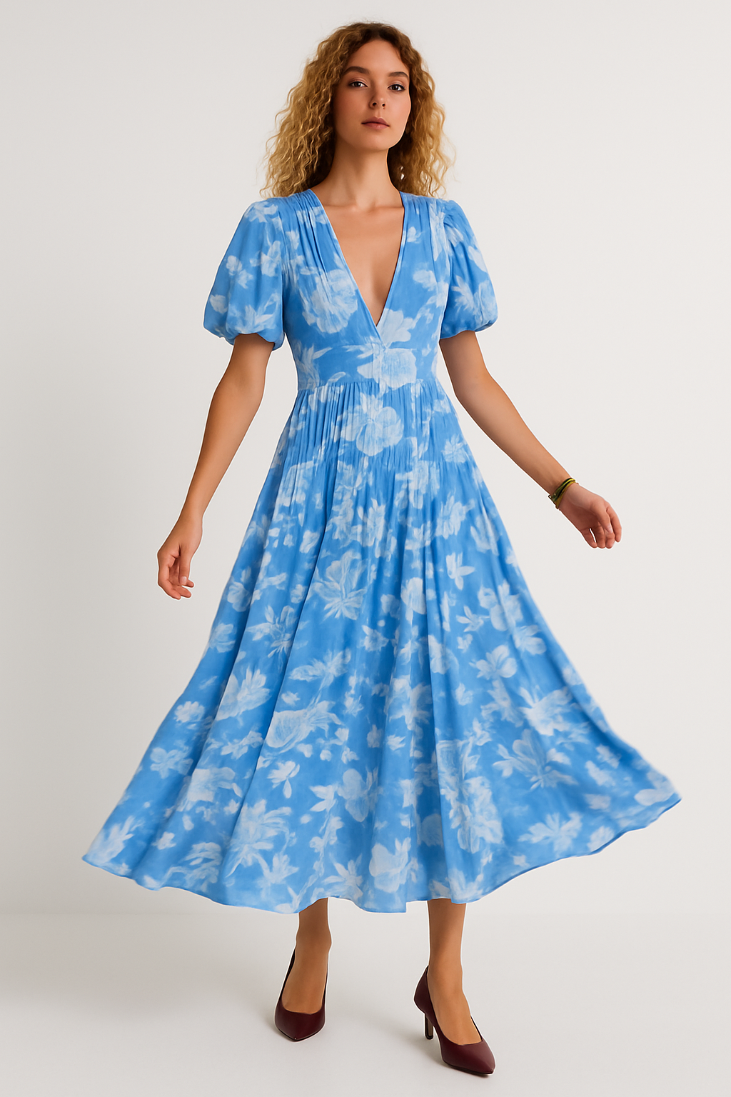 Taschenkleid mit V-ausschnitt und blumendruck für damen