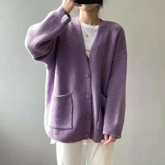 Strickjacke Damen mit V-Ausschnitt und Knopfverschluss Winter