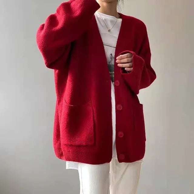 Strickjacke Damen mit V-Ausschnitt und Knopfverschluss Winter