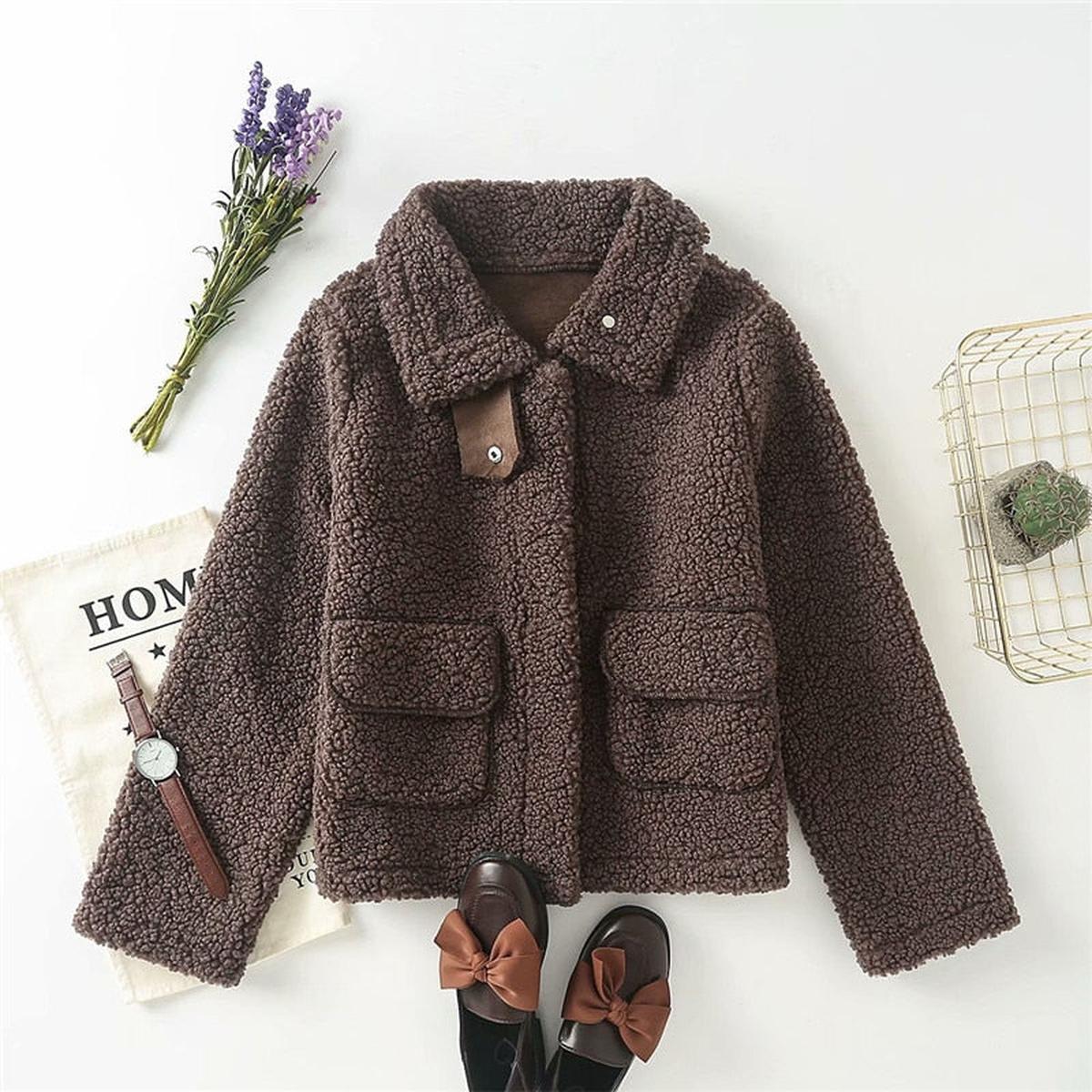 Damen Teddyjacke mit Kragen und aufgesetzten Taschen