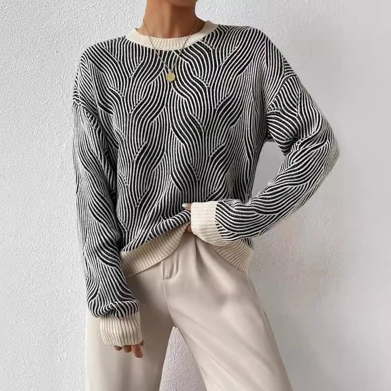 Gemusterter Damen Pullover mit Rundhalsausschnitt und langen Ärmeln