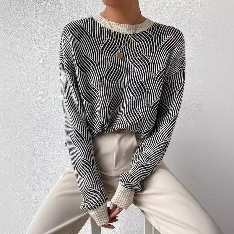 Gemusterter Damen Pullover mit Rundhalsausschnitt und langen Ärmeln