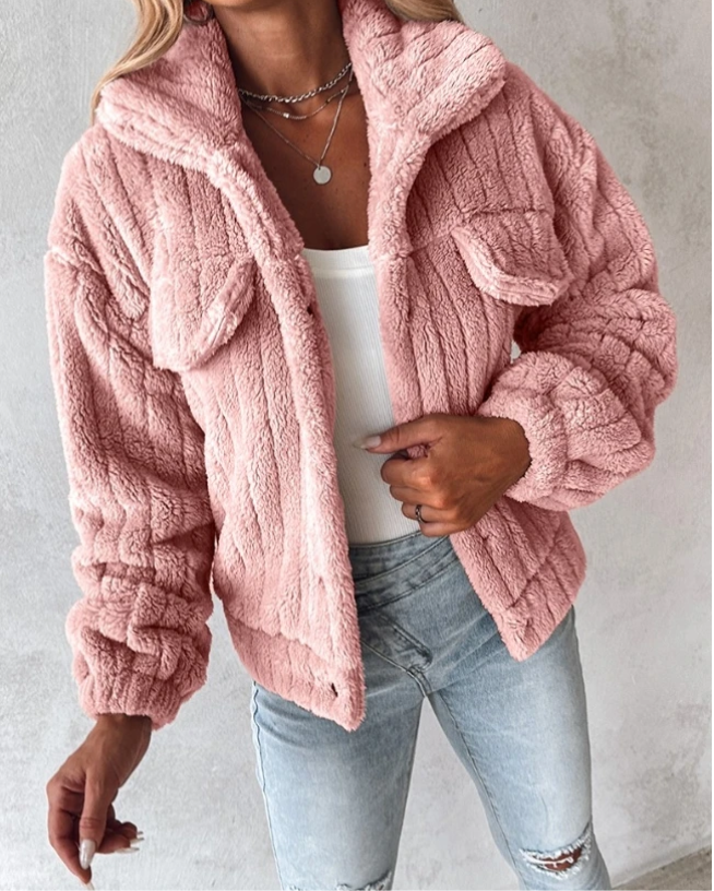 Damen Teddyjacke mit Knopfleiste und Brusttaschen